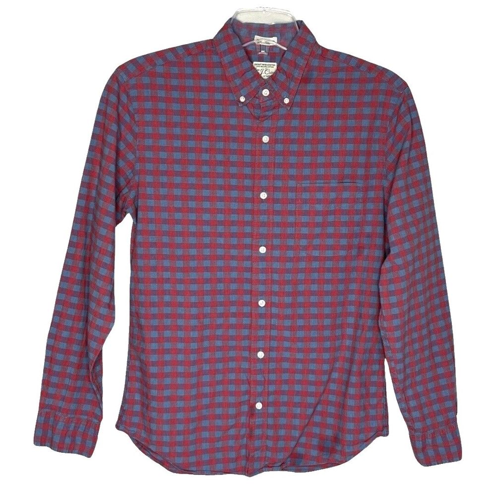 J Crew Shirt Mens Medium Red Gingham Plaid Slim Untucked Career Casual Preppy